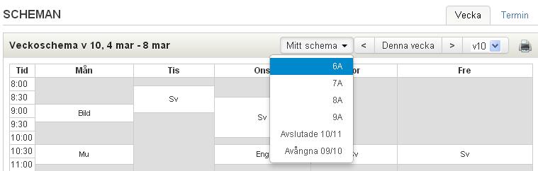 Du kan titta på övriga klassers schema genom att klicka på Mitt schema och välja