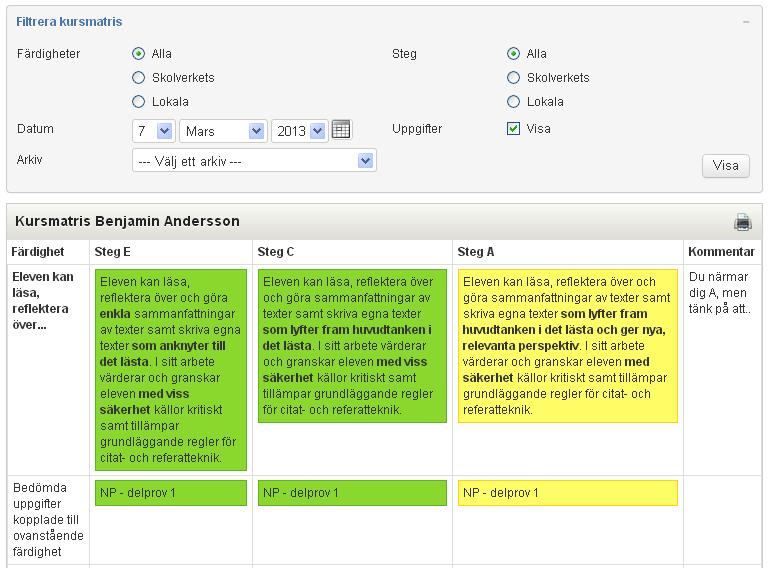 Om du markerar Visa uppgifter kommer uppgifter som är kopplade till ett kunskapskrav visas och du kan klicka på dem för mer information.