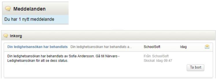 I listan ser du aktuell status på dina ansökningar. När skolan har behandlat din ansökan får du ett meddelande i din inkorg under Meddelanden i SchoolSoft.