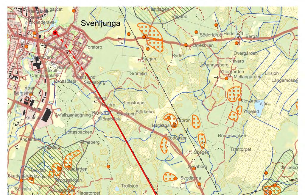 5.4 Kulturmiljö Det finns både kända fornlämningar och områden för kulturmiljö i närheten av den södra delen av ledningen, se karta figur 5. Figur 5.