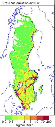 För utsläppsförändringar av NOx gjordes fem olika simuleringar förutom baskörningen: 1. Baskörning (figur 5.2) 2. Minskning av utsläpp från Sveriges vägtrafik med 15 % 3.