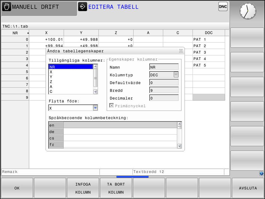 10 Specialfunktioner Fritt definierbara tabeller Ändra tabellformat Gör på följande sätt: Tryck på softkey FORMAT EDITERA Styrsystemet öppnar ett fönster, i vilket tabellstrukturen presenteras.