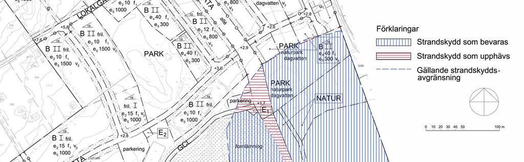 7.4.2 Förutsättningar Strand- och vattenområden inom planområdet omfattas av generellt strandskydd på 100 meter från strandlinjen, enligt 7 kap. miljöbalken.