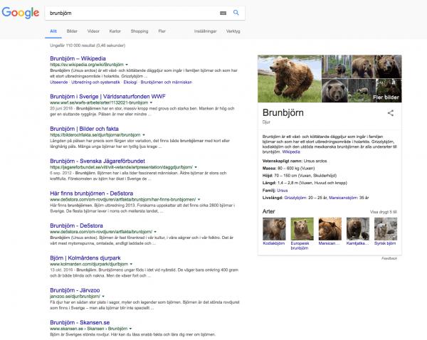 Figur 2: Google-sökning Brunbjörn 2017 1. De två sökningarna på ordet brunbjörn är olika varandra, hur då? 2. Varför är de olika tror du?