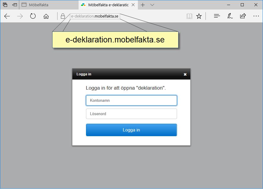 1. Inloggning När du har erhållit kontonamn och lösenord kan du logga in på: e-deklaration.mobelfakta.se Företagets deklarant/-er och VD, som slutligt signerar en deklaration, har olika behörigheter.