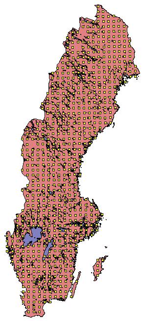 Figur. Fördelningen av standardrutter (vita punkter) över Sverige. En rutt har formen av en fyrkant (2 km x 2 km) vilket betyder att man startar och avslutar på samma plats.