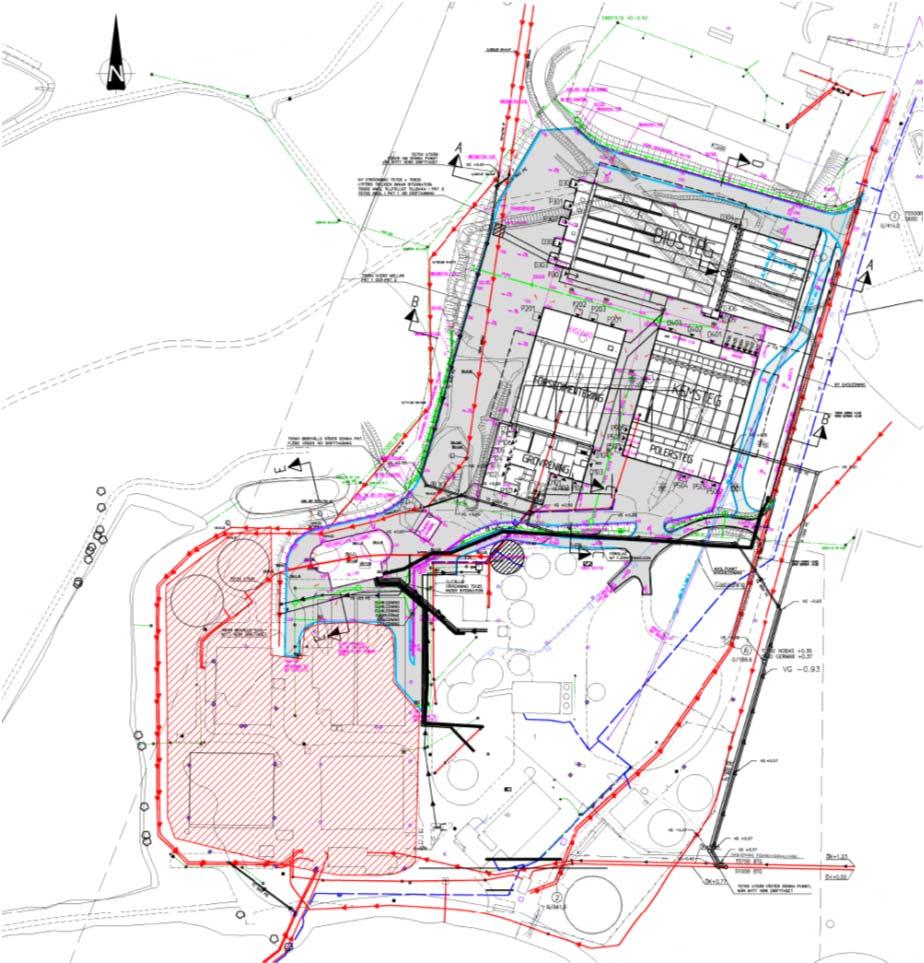 Samhällsbyggnadskontoret Tjänsteskrivelse 8(10) Konceptlayout med dagvattenhantering markerad, heldragen linje för öppet dike, streckad linje för ledning Mätpunkter där platsspecifika riktvärden för