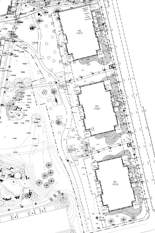 GEMENSAMMA UTRYMMEN Klätterställning och sittplatser på innergården mot Tallgården. Planteringar, buskar (Skogstry och Dvärgolvon) eller gräs mot uteplatser.