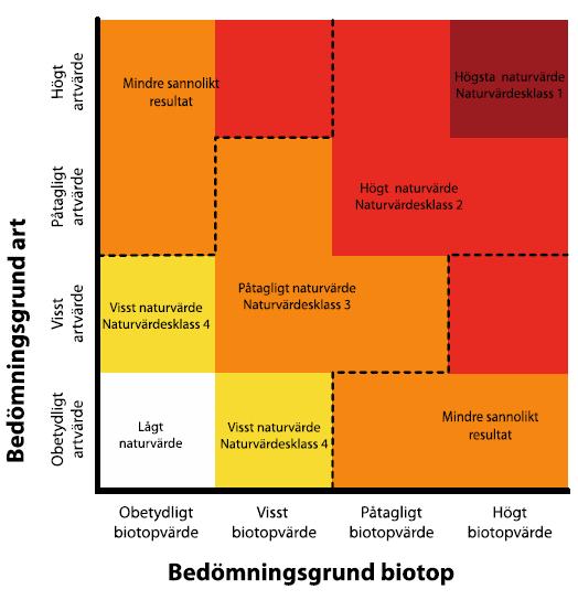 Klassificeringar av ett naturvärdesobjekt vid naturvärdesbedömningen. Källa: SS 199000:2014, Figur 2 s. 17. För indelning av biotopgrupp och terminologi har Teknisk Rapport SIS-TR 199001 använts.