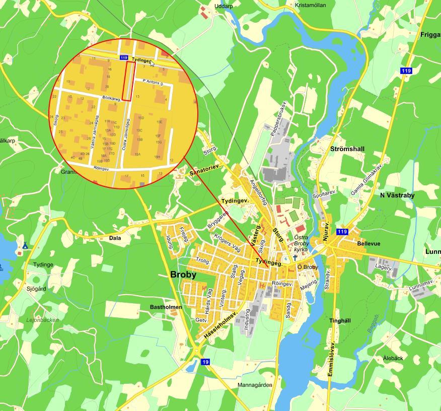 3 OMRÅDESBESKRIVNING Aktuellt undersökningsområde återfinns i centrala delarna av Broby tätort. Figur 1. Inzoomad bild över aktuellt undersökningsområde inom Broby tätort.