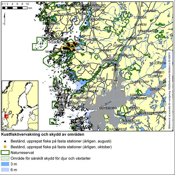 Karta över Älgöfjorden med provfiskestationer Resultat kustfiskövervakningen Temperatur och siktdjup Medelvattentemperaturen vid vittjning har fluktuerat över åren men trend saknas både under augusti