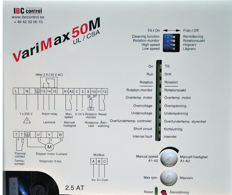 TEKNISKA DATA, STYRENHET Anslutningsspänning 1x230-240 V +/-15 % 50/60 Hz Tillförd effekt max 240 W Utfrekvens Accelerations- och retardationstid 0-312 Hz 30 sek Inström max Inkommande säkring max