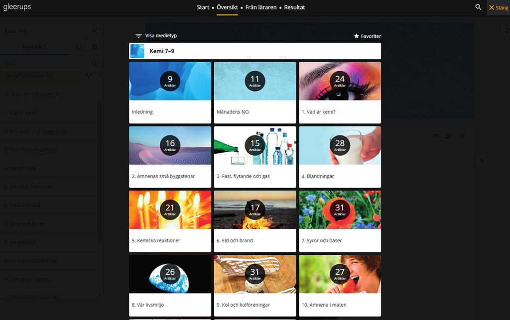 Översikt i ett läromedel 1 2 3 1. Visa medietyp Det går att filtrera läromedlets innehåll via medietyp, som till exempel övningar, filmer och simuleringar. 2. Start Varje läromedel har en startsida där man kan läsa mer om läromedlet och titta på en kom-igång-film.
