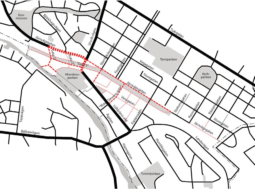 3.3 Alternativ 3 Alternativ 3 skiljer sig från alternativ 1 och 2 genom att körbanorna på Järnvägsgatan ligger på den norra sidan av gatusektionen. Järnvägsgatan är huvudgata väster om Ursviksvägen.