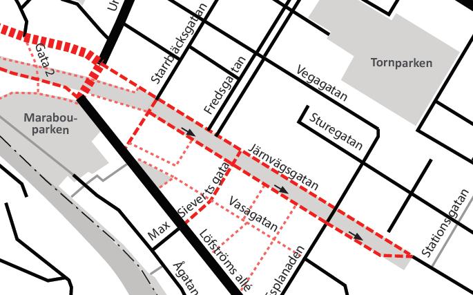 12. Illustration över alternativet med två körbanor på Järnvägsgatan. 4.1.3 Sneda eller raka tvärgator Det har funnits två alternativa lösningar för utformningen av Gata 1 och Gata 2.