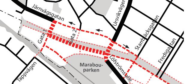 Gata 2 blir en naturlig fortsättning av Björkhagsvägen vilket kopplar samman Duvbo och Marabouparken. 13. Gatustrukturen i den västra delen av programområdet med sneda tvärgator.