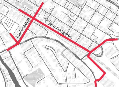 4.2.3 Bussalternativ 3, Samlad busstrafik på Järnvägsgatan Alla busslinjer trafikerar längs Esplanaden och Järnvägsgatan. Hållplatser i båda riktningar ligger på Järnvägsgatan. 17.