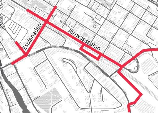 4.2.5 Bussalternativ 5, Busstorg Alla busslinjer trafikerar Esplanaden och Järnvägsgatan. Hållplatser lokaliseras på ett busstorg, som nyttjas för båda riktningar, i nära anslutning till resecentrum.