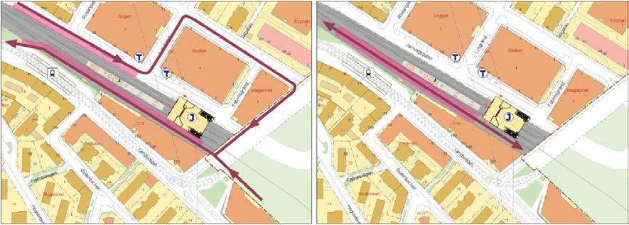 Till vänster: Alternativ med gata för busstrafik mellan stationsnedgången och kv Godset. Till höger: Alternativa körvägar för buss- och biltrafik genom Lysgränd.