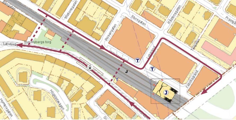 4.3.5 Tvärgata genom Sundbybergs torg för kollektivtrafik Med nedgrävningen av Mälarbanan skapas möjlighet till nya vägkopplingar mellan den norra och södra delen av centrala Sundbyberg genom en ny
