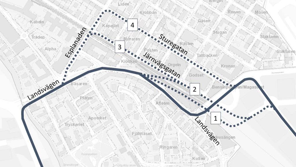Möjliga lokaliseringar är mellan Gjuteribacken och Lysgränd samt mellan kv Posten och Landsvägen, se figur 23. En tvärgata möjliggör en mer effektiv bussterminal.