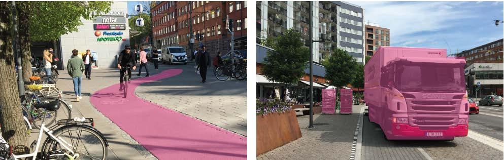 Även upplevelsen av gatumiljöns trevnad påverkas av dessa konflikter. Några av de identifierade konfliktpunkterna visas i figur 42-44, kartan i figur 41 visar var bilderna är tagna.