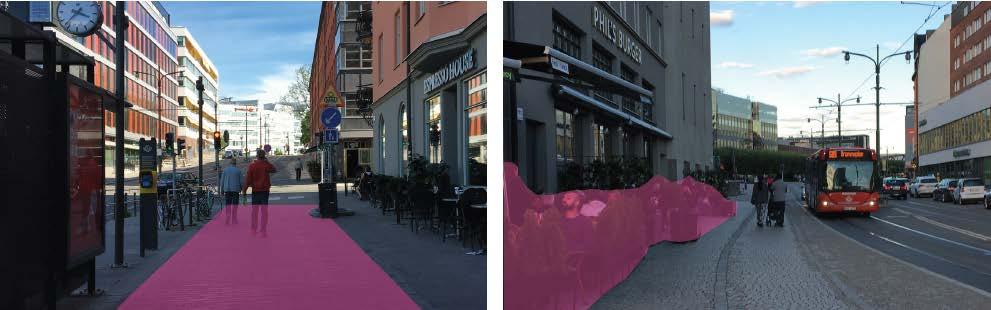 43. Till vänster: Gågata som inte är tillräckligt bred för funktionerna gångstråk, regionalt cykelstråk och angöring. De olika funktionerna kommer i konflikt med varandra (konfliktpunkt C i figur 41).