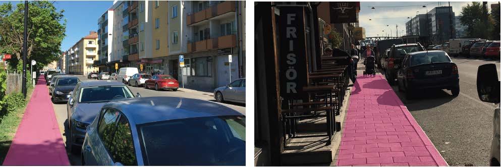 Till vänster: Trång trottoar på Järnvägsgatan (konfliktpunkt E i figur 41). Till höger: Trång trottoar längs Järnvägsgatan (konfliktpunkt F i figur 41).