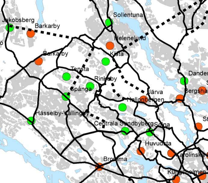 2 1 45. Regionalt cykelnät norr om centrala Stockholm. Objekten markerade med 1 och 2 bedömer staden som de aktuella för utvecklingen i centrala Sundbyberg.