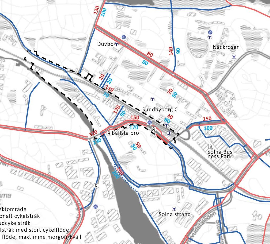 2 1 46. Regionala cykelstråk och stadens huvudnät för cykel; cykelräkningar 2017. Nr. 1 visar Bällstastråket och nr. 2 visar Sundbybergsstråket.