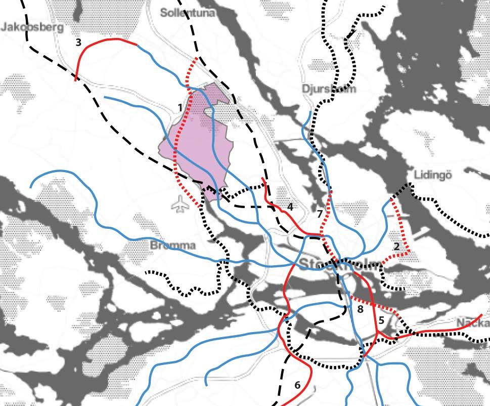 Kollektivtrafik Trafikförvaltningen, Region Stockholm, ansvarar för kollektivtrafiken inom Stockholms län. Kartan i Figur49 redovisar nuvarande och framtida spårbundna kollektivtrafikkopplingar.