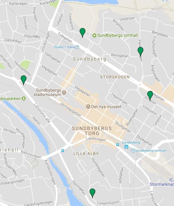 Till höger: Stopplatser för ReTuren. Bakgrundskarta från Google maps.
