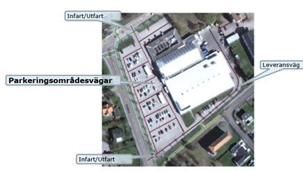 område med parkeringsplatser.