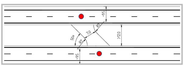 KRAV 89 (135) vägbanekanterna. Bilden ovan: Katastroföverfart vid mittremsa mer än 12 m bred, normalt utan räcke.