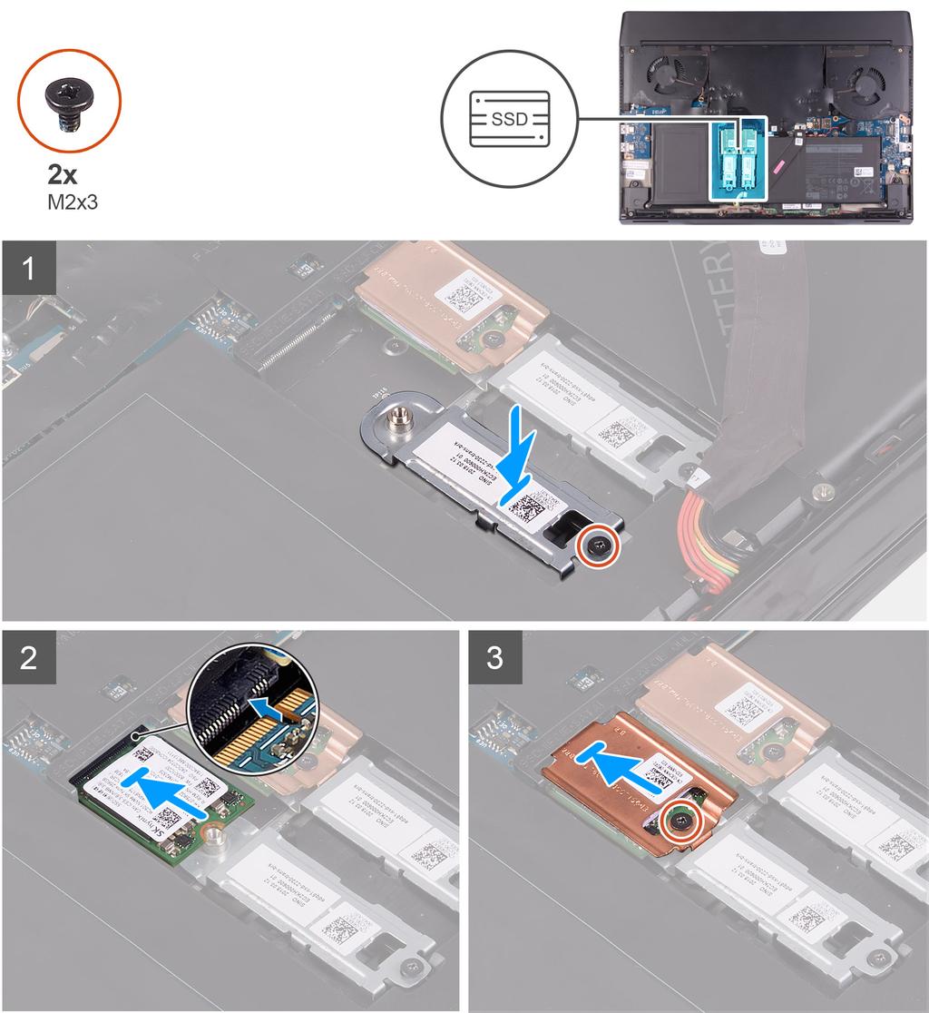 1. Placera och rikta in M. 2 2230-fästet på enheten med handledsstödet. 2. Sätt tillbaka skruven (M2x3) som håller fast M.2 2230-fästet i handledsstödsenheten. 3. Rikta in skåran på M.