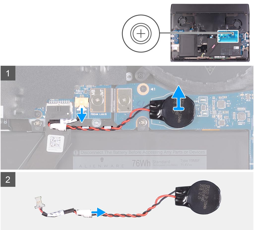 2. Ta bort kåpan. Följande bild visar var knappcellsbatteriet sitter och hur det avlägsnas. 1. Koppla bort knappcellsbatterikabeln från kontakten på moderkortet. 2.