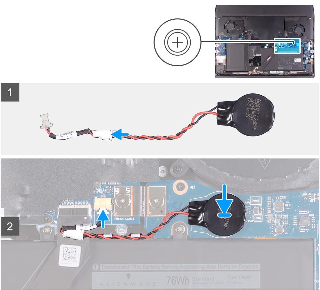 1. Anslut knappcellsbatteriet till kabel för knappcellsbatteriet. 2. Fäst knappcellsbatteriet på RTC-markeringen på det högra I/O-kortet. 3.