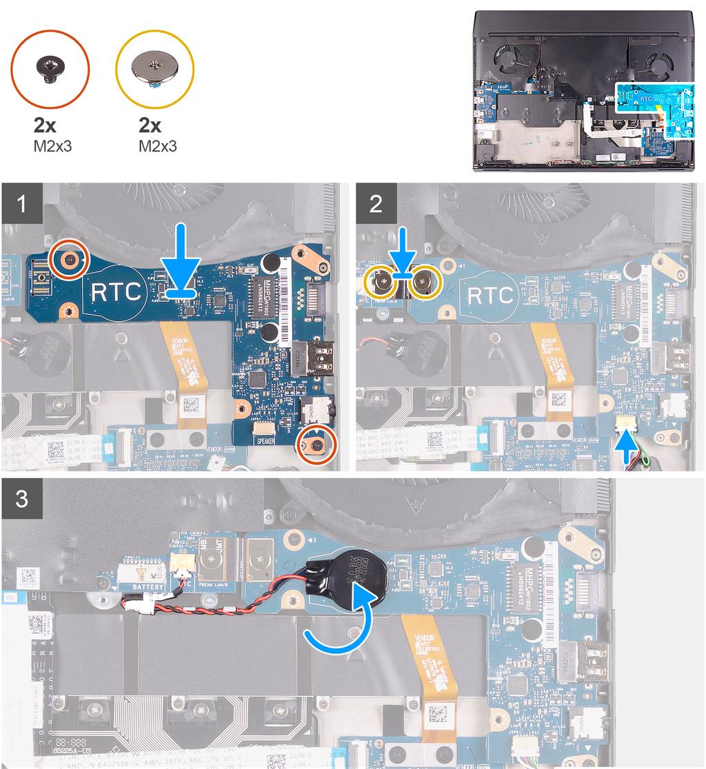 1. Använd justeringstapparna och placera det högra I/O-kortet på enheten med handledsstödet. 2. Sätt tillbaka de två skruvarna (M2x3) som håller fast det högra I/O-kortet i enheten med handledsstödet.