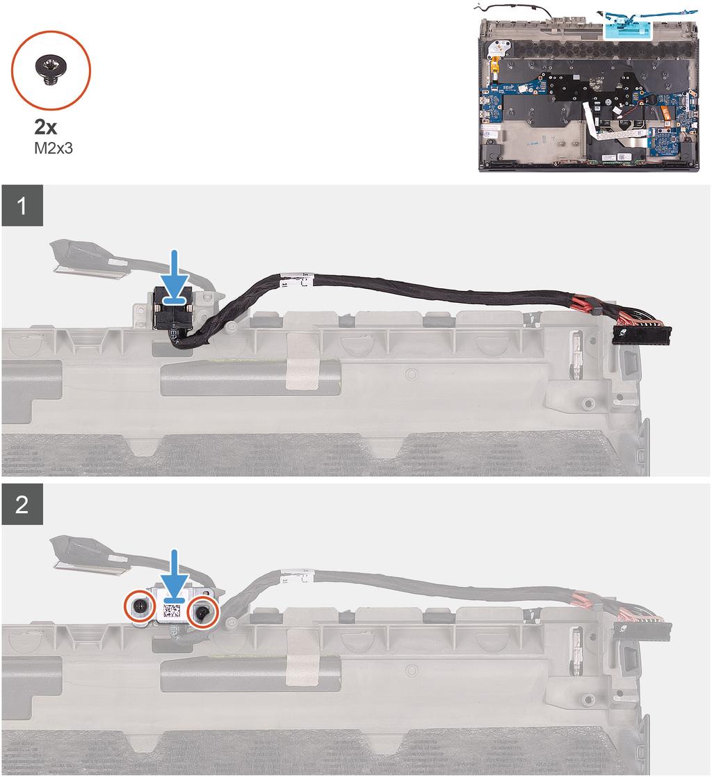 1. Ta bort de två skruvarna (M2x3) som håller fast nätadapterportens fäste i enheten med handledsstödet. 2. Lyft bort nätadapterportens fäste från handledsstödet. 3.