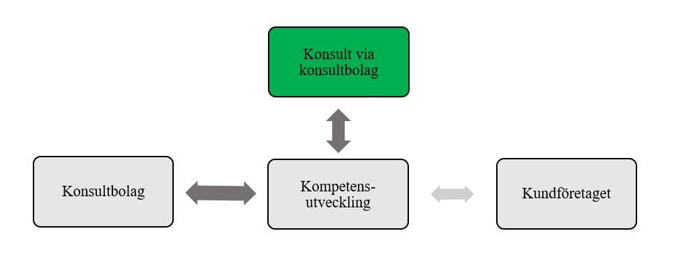 Figur 12. Modifierad modell över det triangulära förhållandet i relation till kompetensutveckling över konsulter via konsultbolag (Sandberg & Sjöborg, 2019).