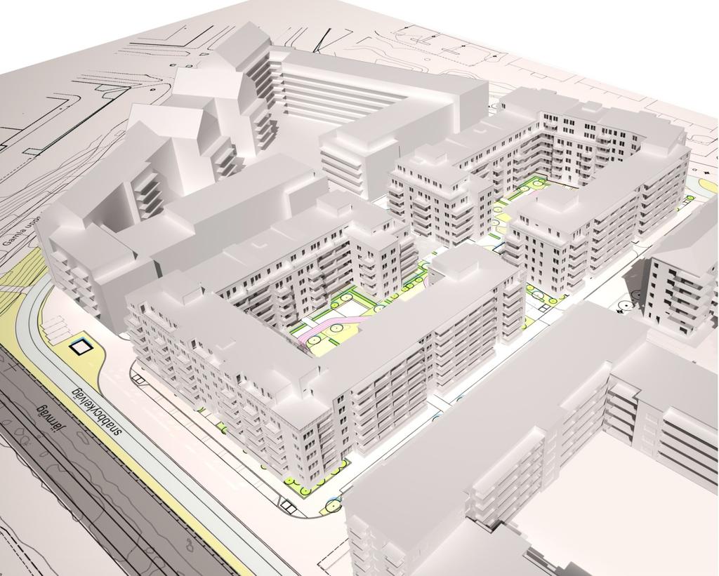 Volymstudie som visar hur bebyggelsen inom planområdet kan utformas. Illustrationen är gjord av Ettelva arkitekter. B BCS BCSD Bostäder. Bostäder. Centrumverksamhet. Förskola.