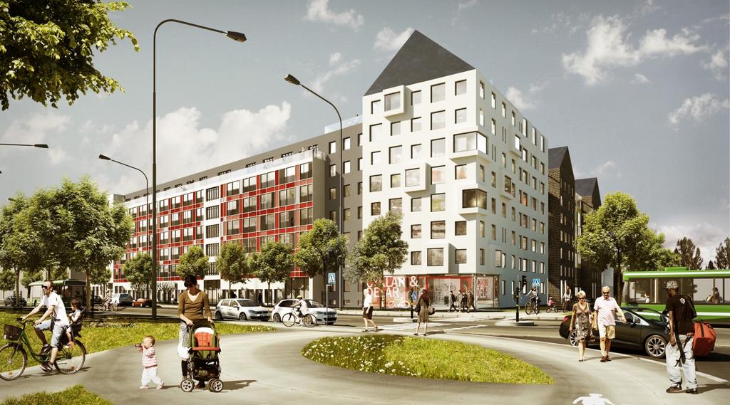 Illustration som visar den föreslagna bebyggelsen mot korsningen
