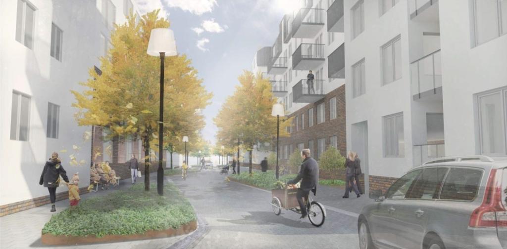 Perspektiv som visar hur den nya gatan kan se ut. Illustrationen är gjord av Karavan landskapsarkitekter.