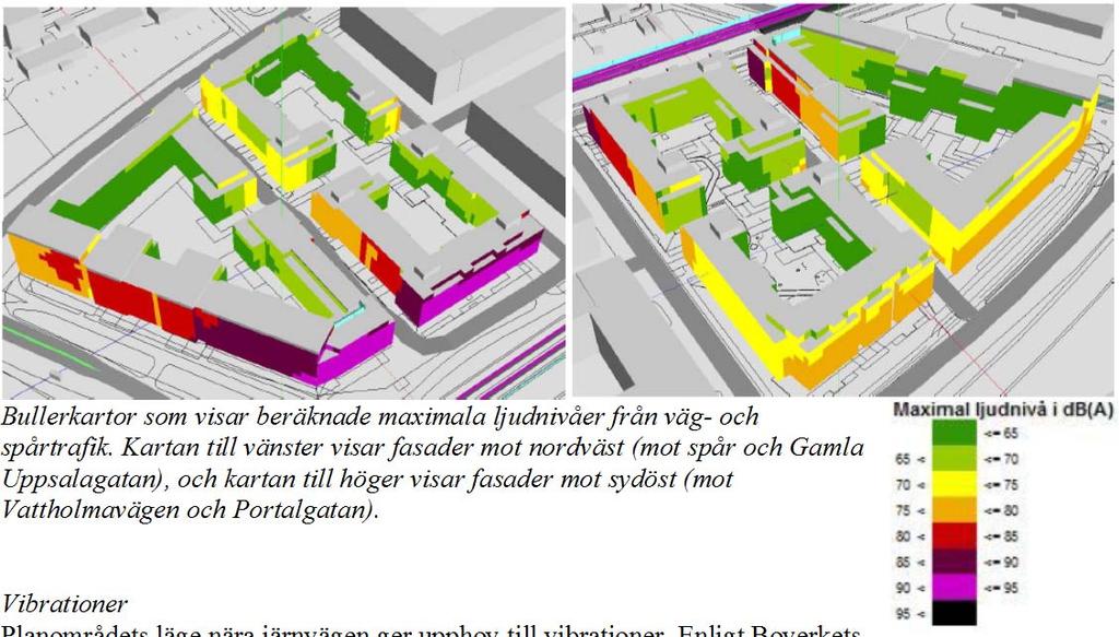 Bullerkartor som visar beräknade maximala ljudnivåer från väg- och spårtrafik.
