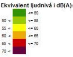 sida med högst 50 dba ekvivalent nivå (45 dba ska eftersträvas) och högst 70 dba maximal nivå utanför fasad (frifältsvärde).