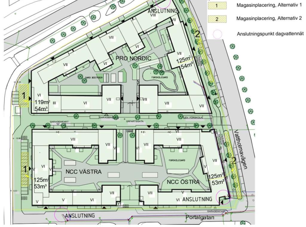 för det södra kvarteret. Fördröjningsmagasin föreslås i den västra delen av planområdet, se illustration nedan, där alternativ 1 är det aktuella förslaget.