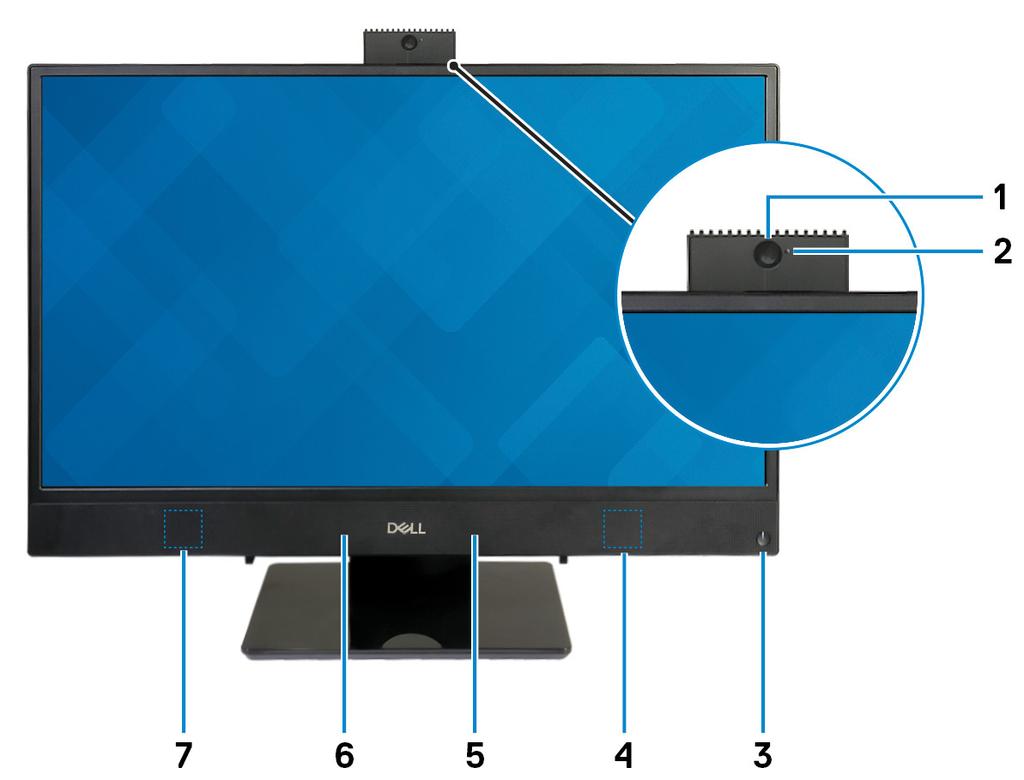 3 Vyer av Inspiron 24-3480 Framsida 1 Infällbar kamera Gör det möjligt att videochatta, ta bilder och spela in video. Den här kameran kan dras tillbaka för att skydda din integritet.