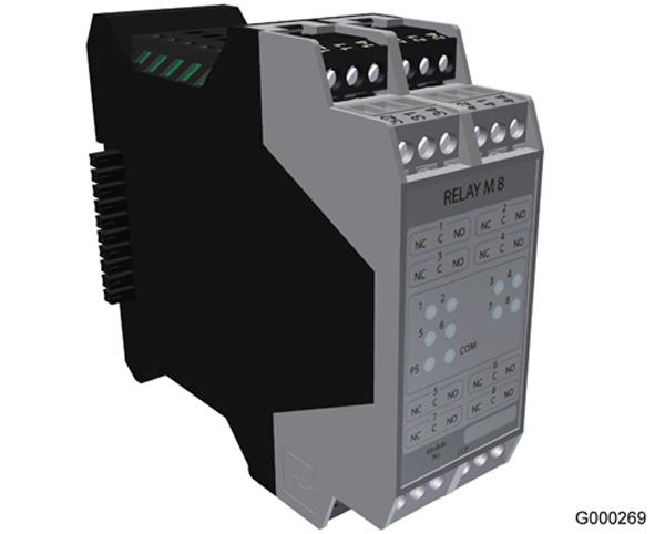 Varje relä har en potentialfri växlande NC-C-NO kontakt som hanterar laster upp till 250V AC/5A. Modulen upptar två modulplatser på DIN-skenan.