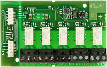 Spänningsmatning: Via USB, 5 VDC Drifttemperatur: -30 - +60 C 89 (B) 82 (H) 55 (D) mm Vikt: 0,165 kg 5101343-00A RELAY MODULE RIM 35 Relämodul RIM 35 är bestyckad med fem växlande reläkontakter som