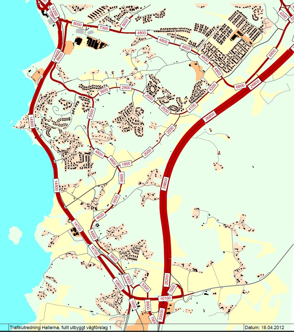 16 (28) 11 200 Figur 9: Förväntad trafikfördelning i huvudvägnät enligt förslag 1 med en ny trafikled i nordsydlig riktning.